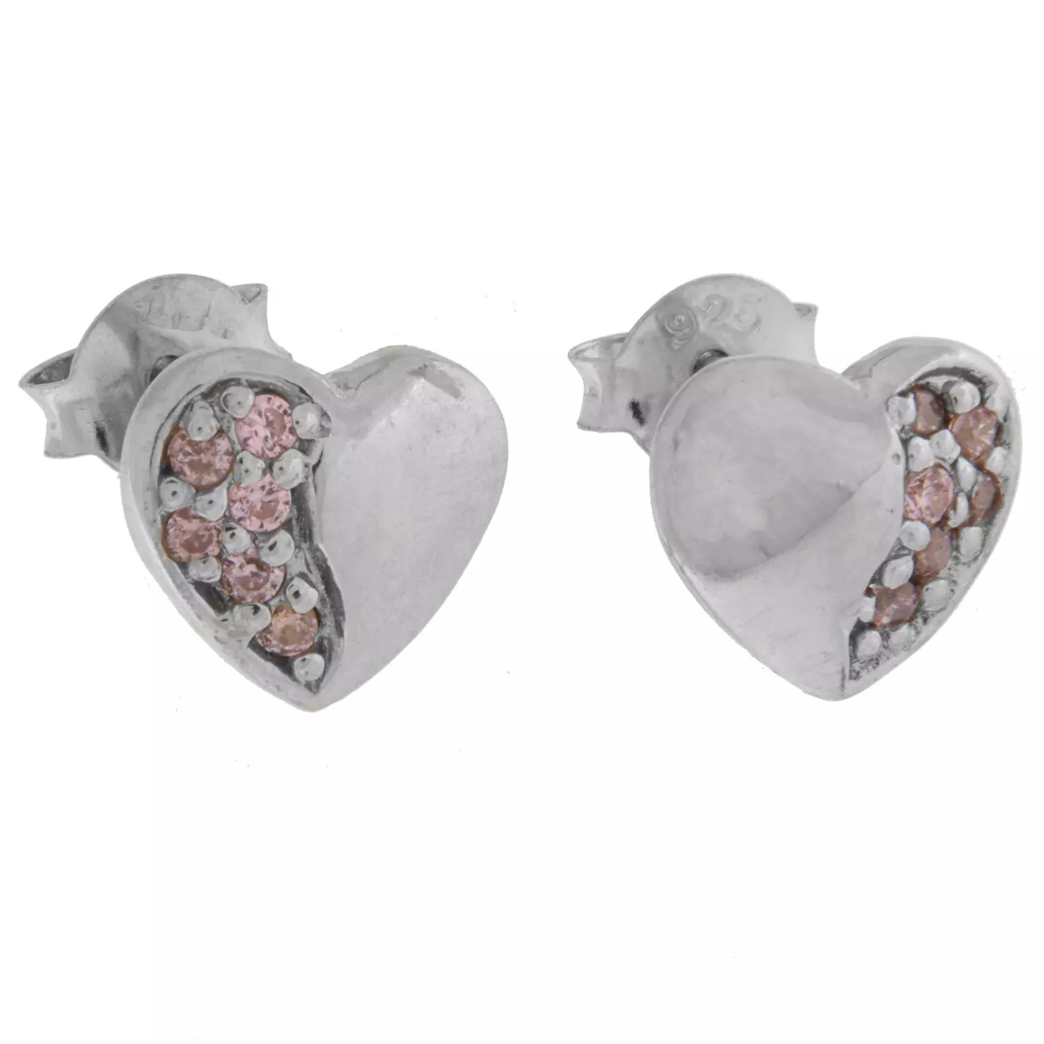 Ørepynt rh.sølv hjerte glatt m/ rosa zirconer på halve