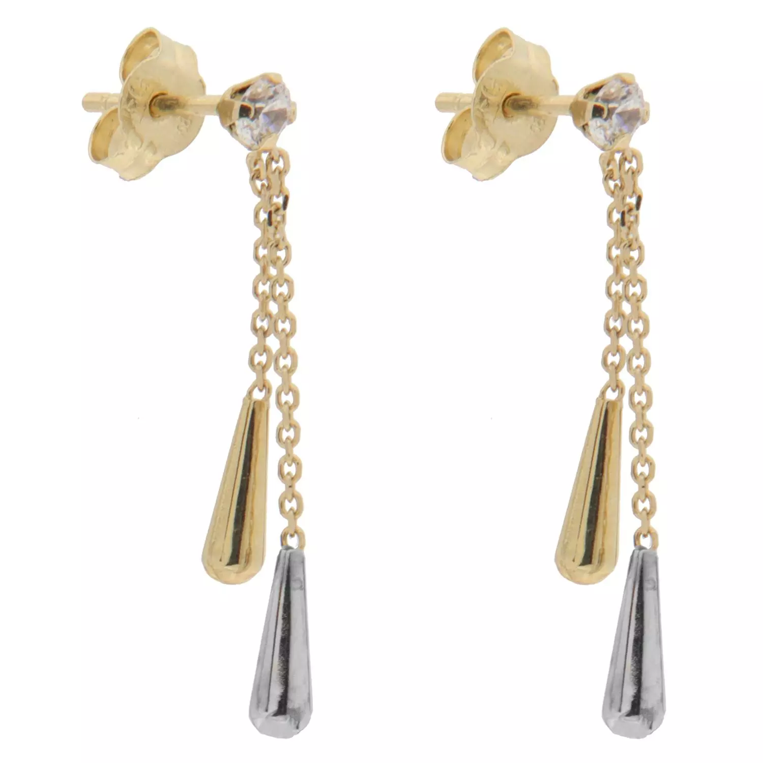 Øreheng gull 2-farget 2 dråpeformede pendler, blank zircon i topp