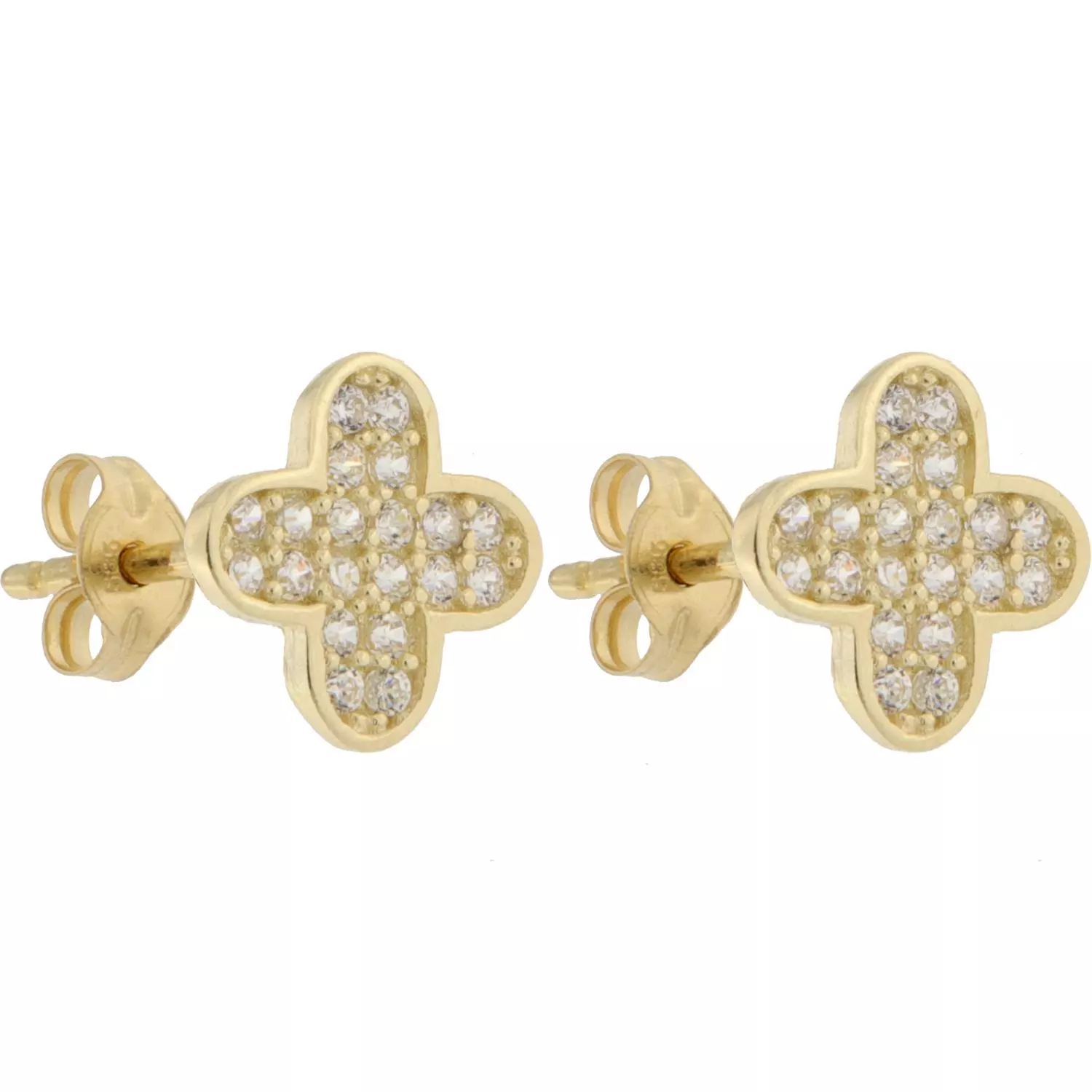 Ørepynt gull 9mm firkløver m/blanke zirconer i hele