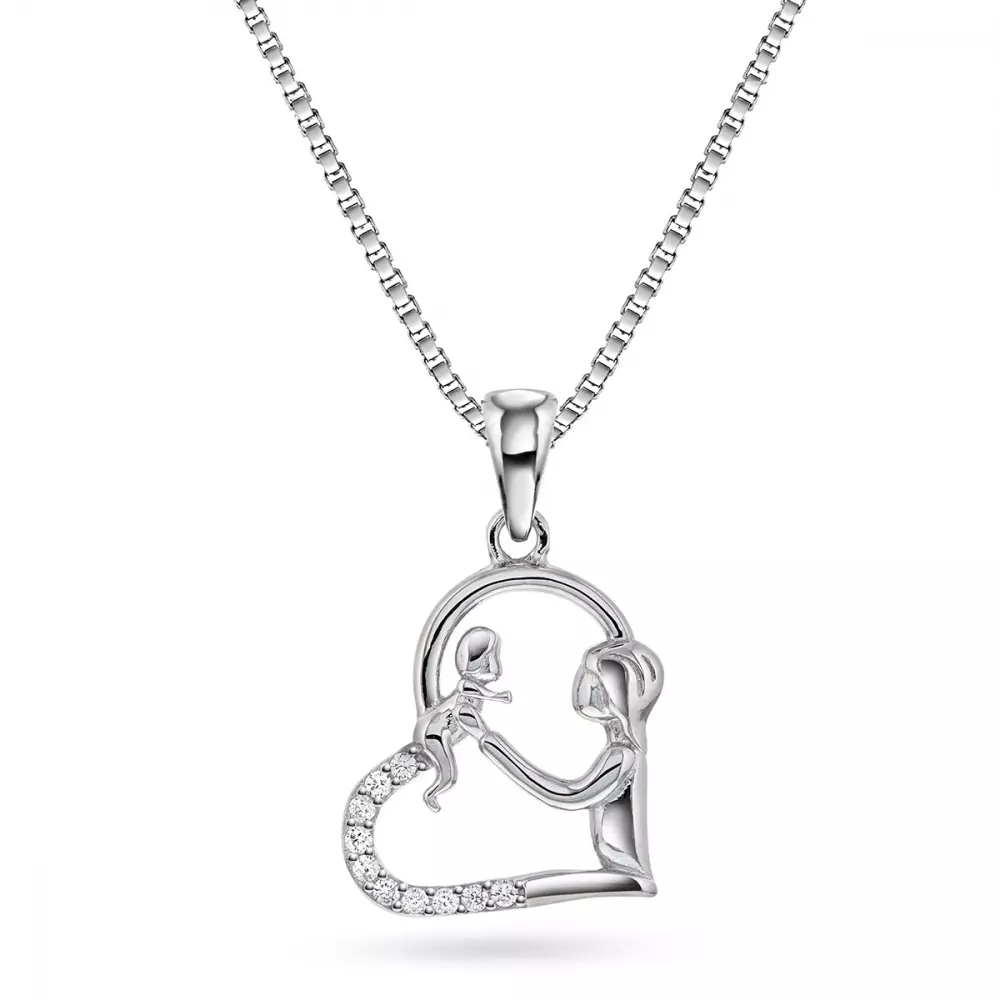 Anheng rh.sølv hjerte mor & barn m/c.zirconer, inkl. kjede