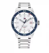 Tommy Hilfiger 43mm stål m/hvit skive og blå bezel 5 BAR