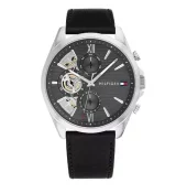 Tommy Hilfiger 44mm stål m/stripet sort skive og delvis synlig urverk 5 BAR multifunksjon