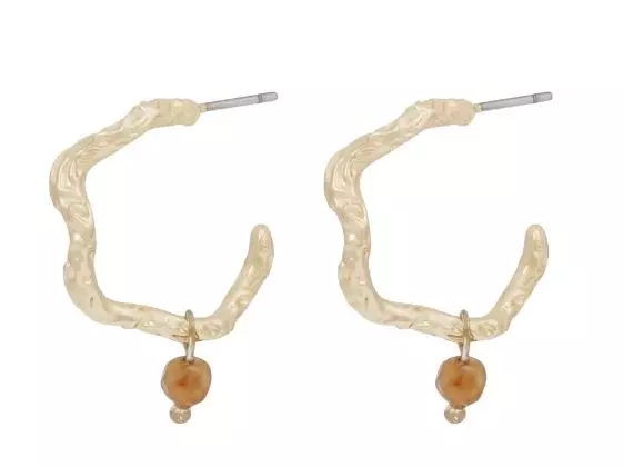 Ørering "gull" Cat 16ø bølgede, bankede ringer m/lys brun glassperle-charms