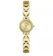 Klokke Guess fg.stål ovale ledd / gullfarget skive, logo rundt bezel