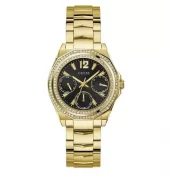 Klokke Guess fg.stål sort skive, 2 rader stener rundt bezel