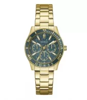 Klokke Guess fg.stål m/mørk turkis bezel + glitter i skiven