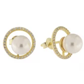 Øreheng fg.sølv 14mm åpen sirkel av zirconer m/ 8mm hvit perle midt i