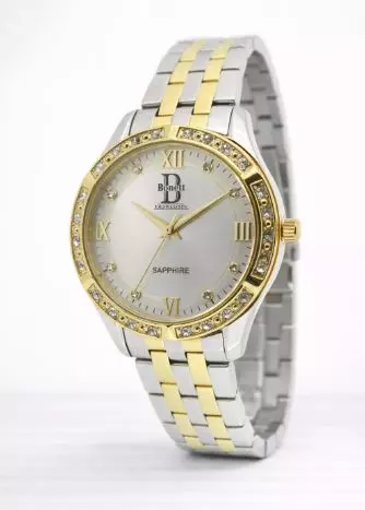 Klokke Bonett Eksklusiv bic.stål gullfarget skive m/stener rundt bezel + tall, safirglass
