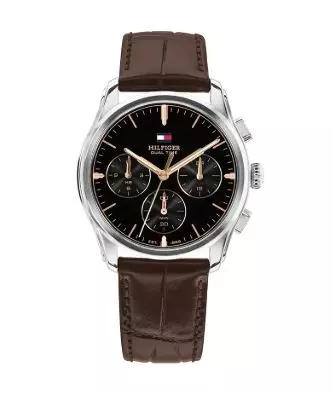 Tommy Hilfiger stål sort skive, rosè detaljer / mørk brun reim 38mm herre 3 BAR