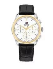 Tommy Hilfiger stål hvit skive, gullfargede detaljer / sort brun reim 38mm herre 3 BAR