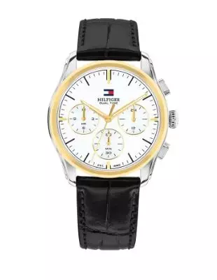 Tommy Hilfiger stål hvit skive, gullfargede detaljer / sort brun reim 38mm herre 3 BAR