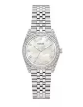 Klokke Guess stål m/stener rundt bezel og som tall, perlemorsskive