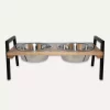 Mango Wood & Metal Double Feeder with Stainless Steel Bowls S