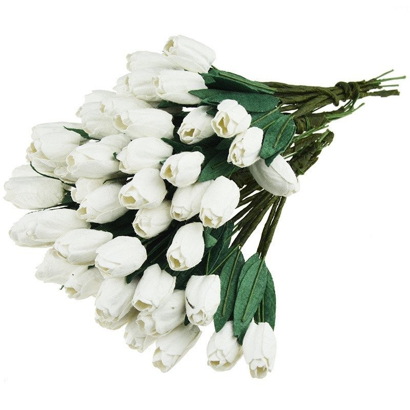 50 WHITE MULBERRY PAPER TULIP FLOWERS WITH LEAF STEMS