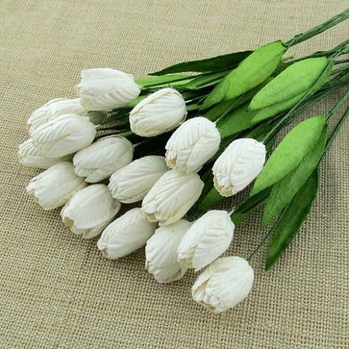 WHITE MULBERRY PAPER TULIP FLOWERS WITH LEAF STEMS