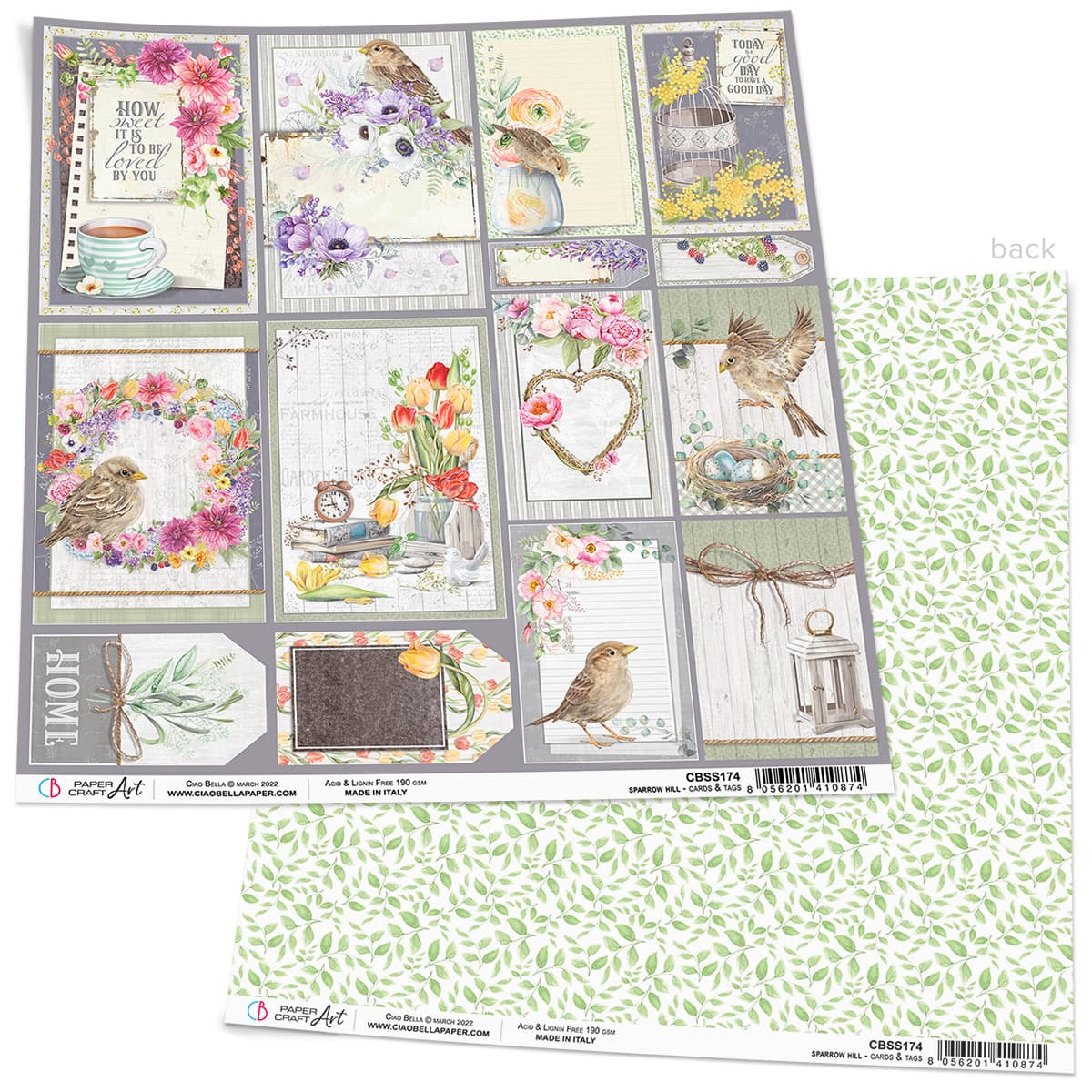 CIAO BELLA - SPARROW HILL CARDS & TAGS-  DOUBLE-SIDED PAPER SHEET 12"X12" -