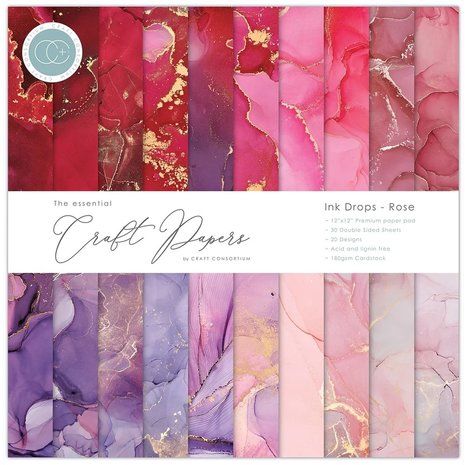 Craft Consortium Essential Craft Papers 12x12 Inch Paper Pad - Ink drops - Rose