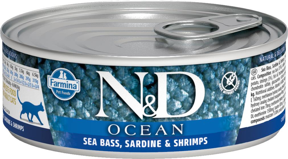 FA N&D CAT OCEAN SEABASS&SARDINE&SHRIMPS 80G CAN