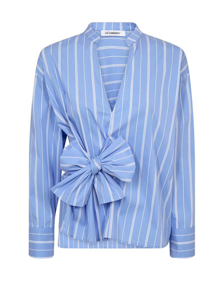 Shira Stripe Bow V-Blouse Pale Blue - Co`Couture