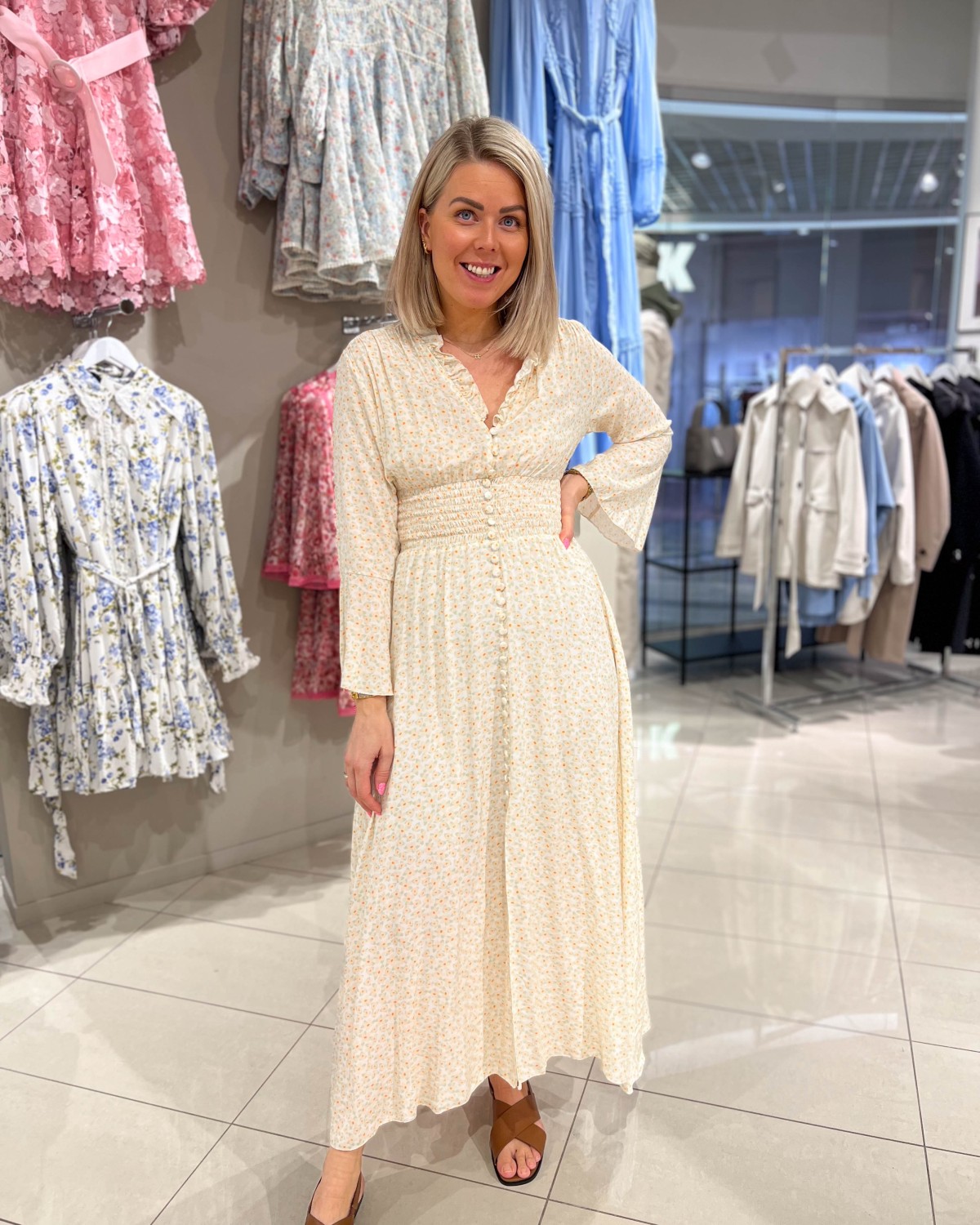 Sally Long Dress Cream Flower - American Dreams