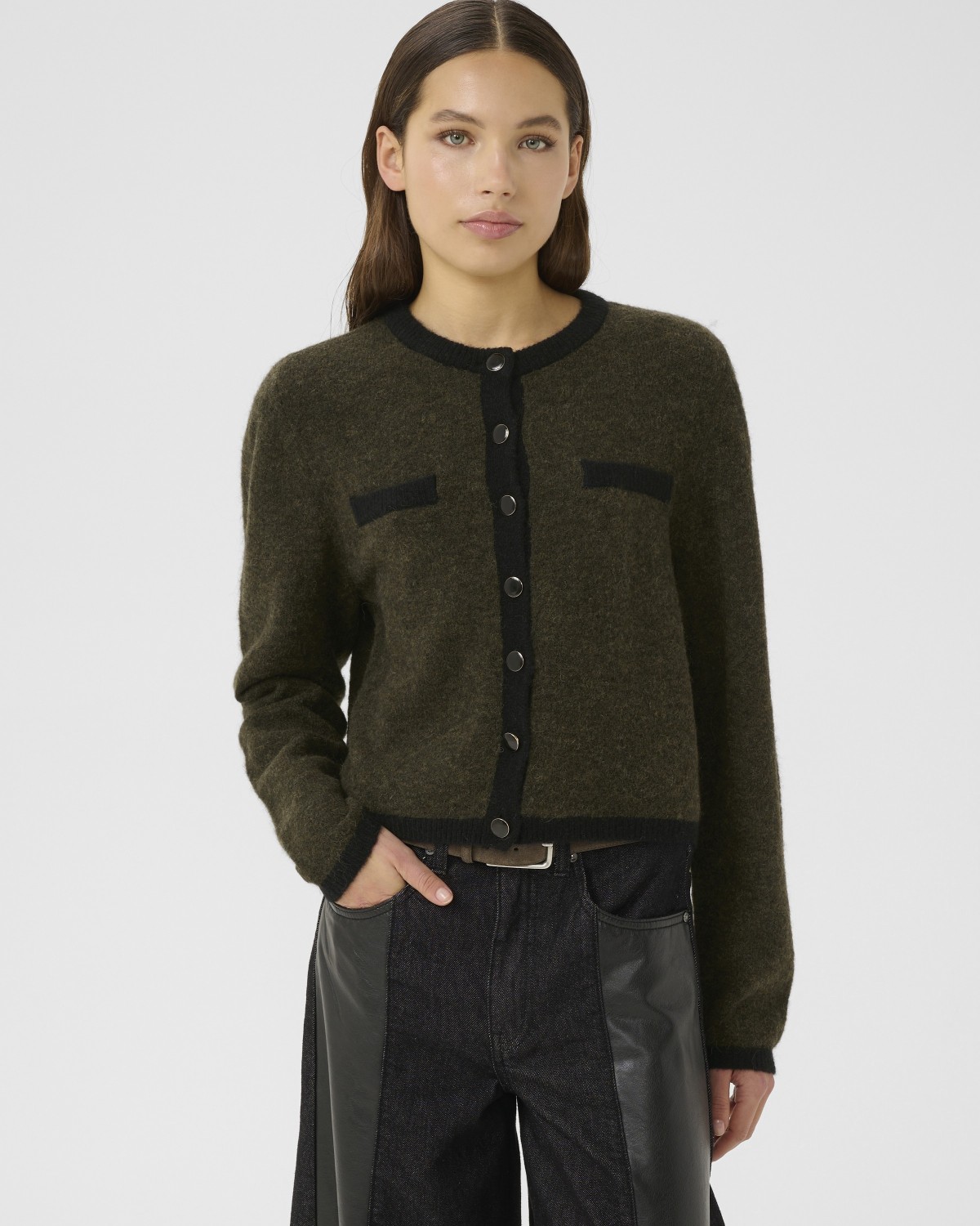 Alpha LS Contrast Cardigan Olive Melange - Gestuz
