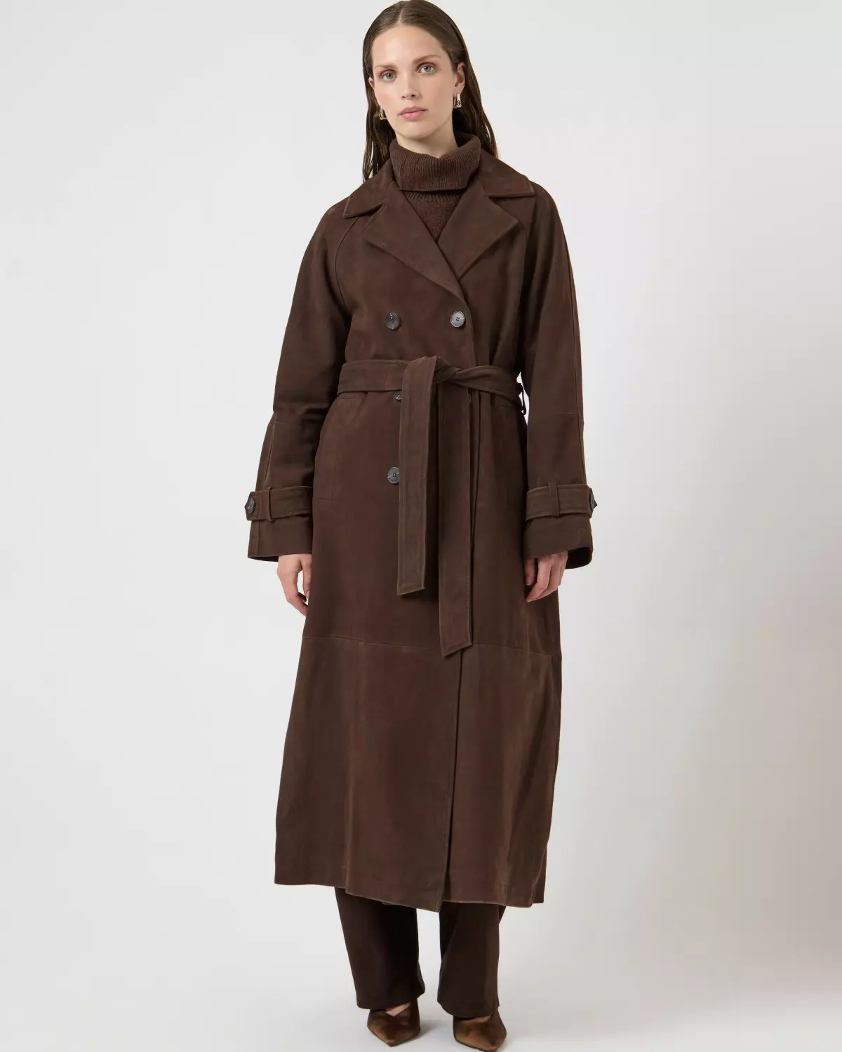 Yaslina Suede Leather Trenchcoat Brown - Yas