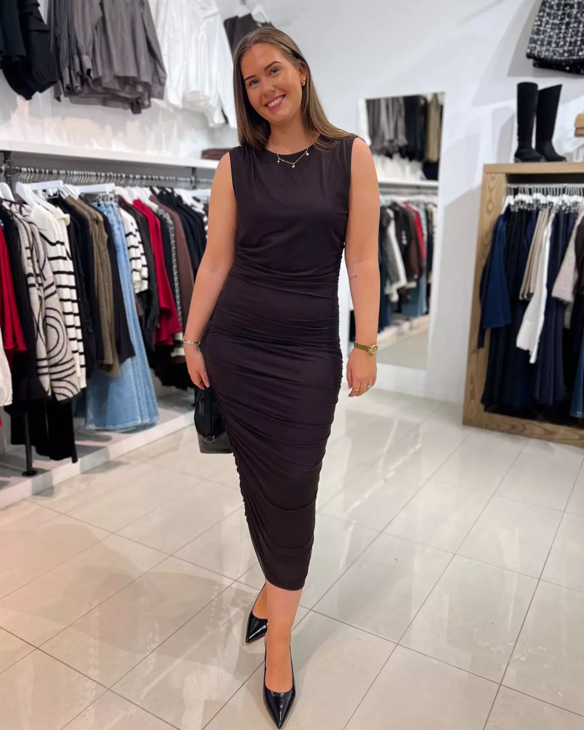 Corilina Solid Mesh Dress Brown - Neo Noir