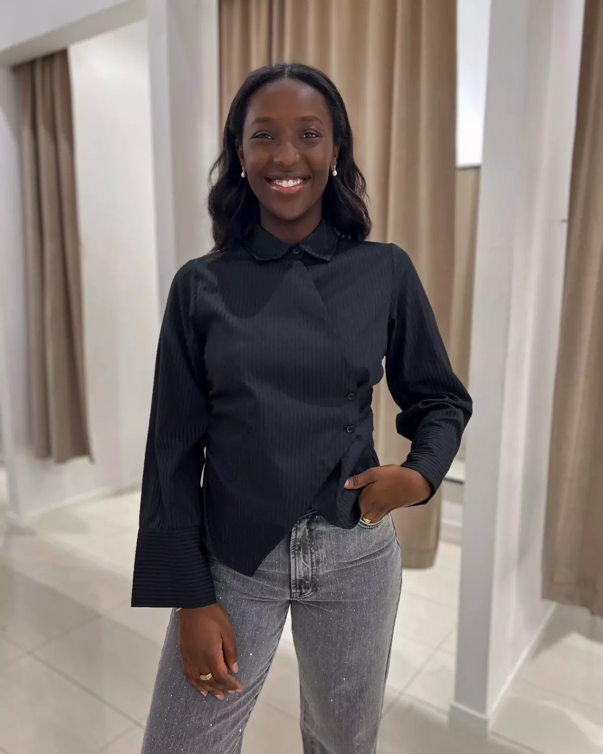 Fenli Tone Stripe Shirt Black - Neo Noir