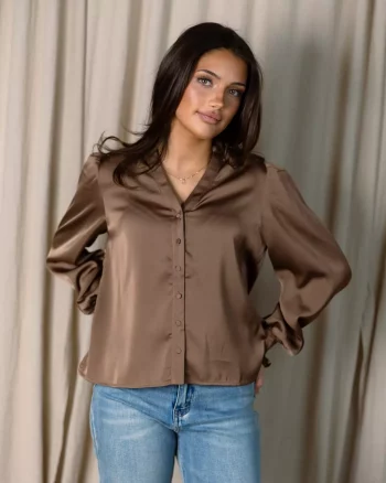Delsie Drapy Sateen Blouse Dusty Brown - Neo Noir