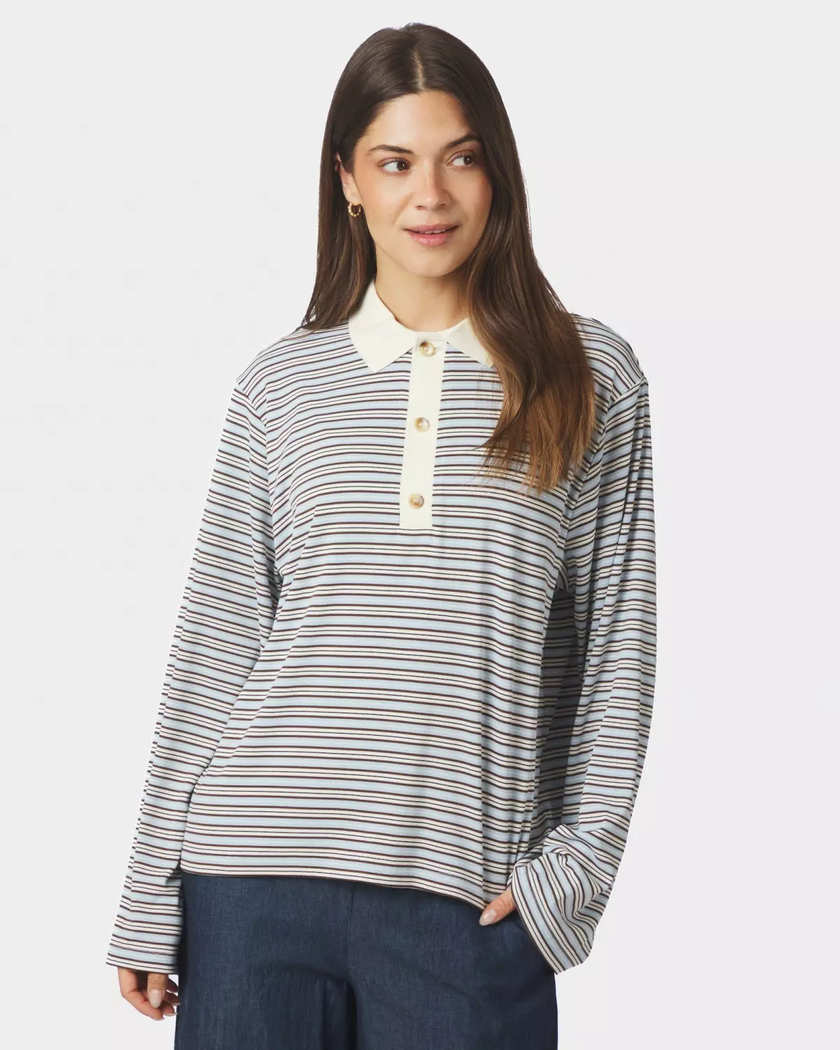 Lirenne Striped Polo Blouse Light Blue - Neo Noir