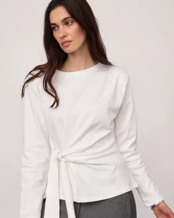 Oriane LS Pleat Tie Tee White - Co'Couture
