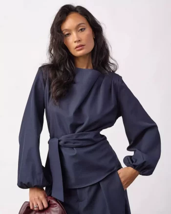Luna Tie Blouse Navy - Co'Couture