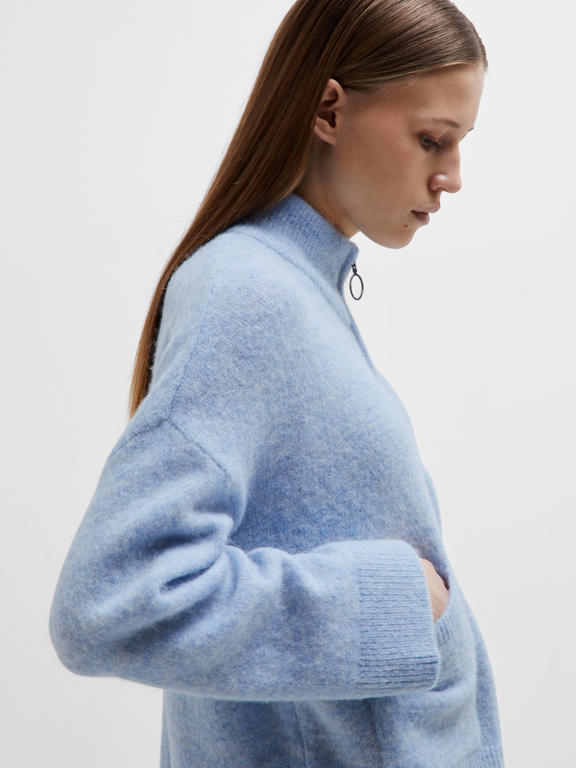 SLFSIA ras ls knit zipper cardigan Cashmere Blue