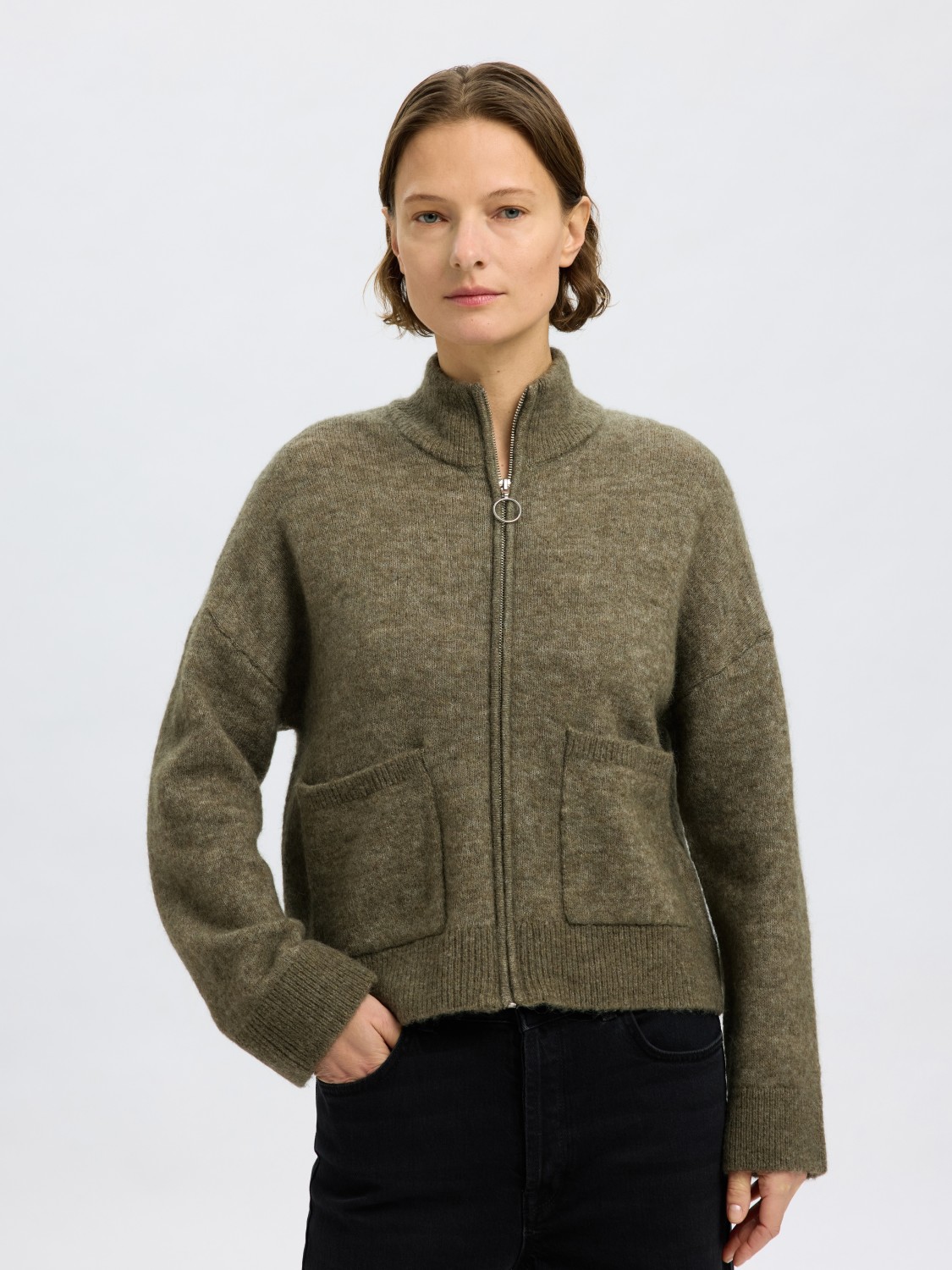 SLFSIA ras ls knit zipper cardigan Vetiver