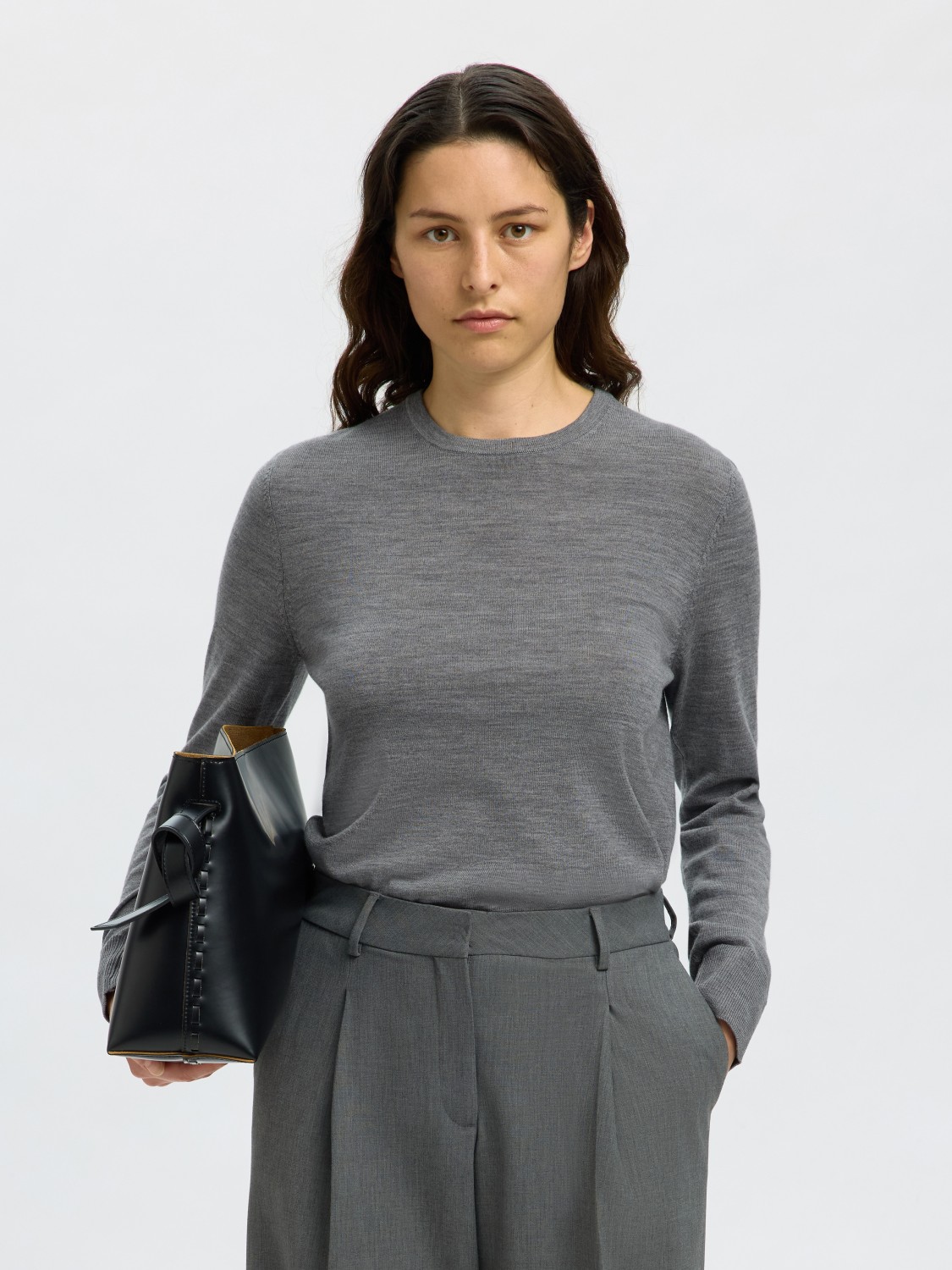 SLFTHEA ls knit merino o-neck Grey