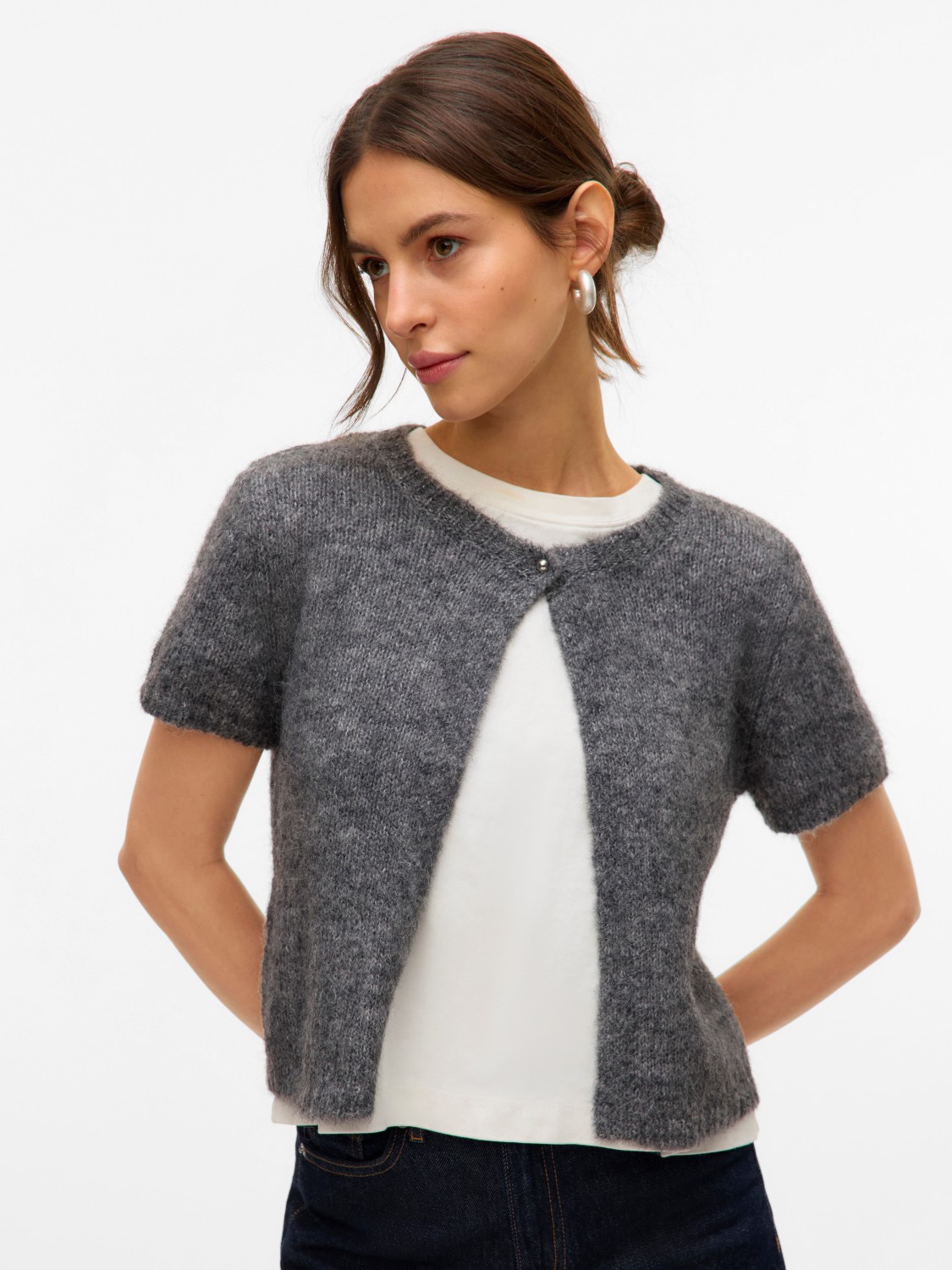 AWSILJA ss o-neck short cardigan Grey