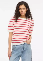 Vidalo O-Neck S/S Stripe - White Alyssum/Hibiscus