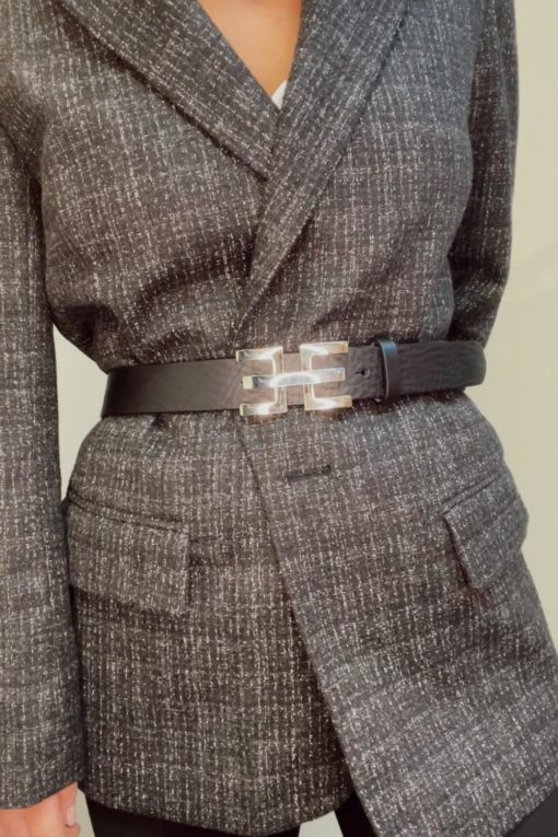 Black leather belt with gold/silver