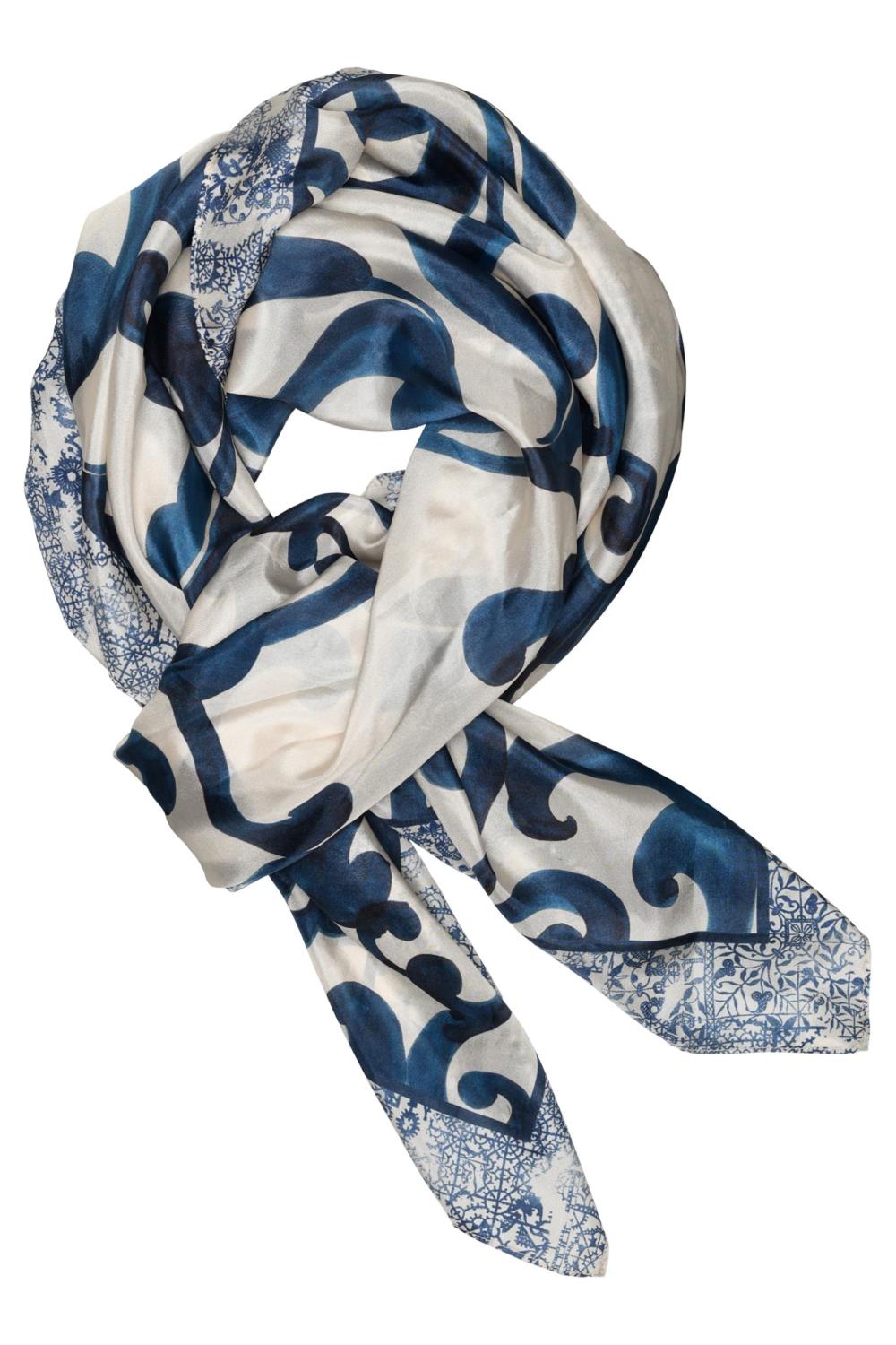 Inette, big printed silk scarf Sand/navy