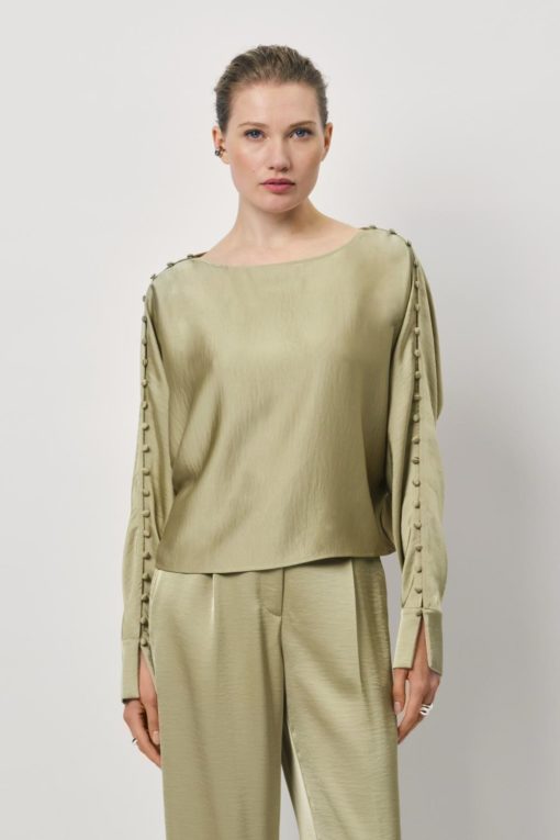 Rocco satin button top - Sunlit grass