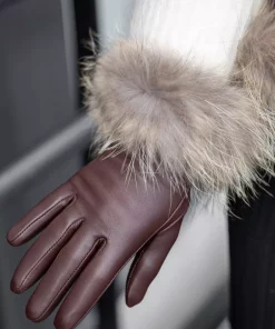 Alexandra skinnhanske m.pels - Mørk brun