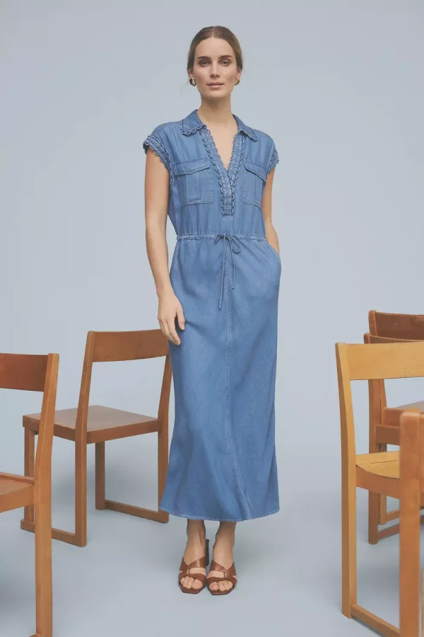 Britney, long bias cut dress - Blue denim