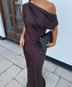 Vanessa Satin Dress - Mocha brown