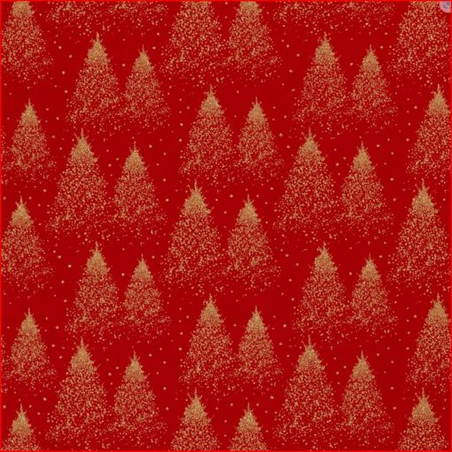 COTTON POPLIN FABRIC PRINTED AND FOIL CHRISTMAS TREES RED