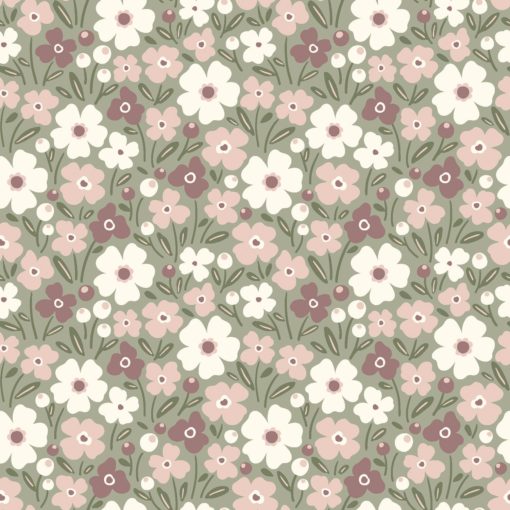 COTTON POPLIN FABRIC PRINTED FLOWERS OLIVE GREEN