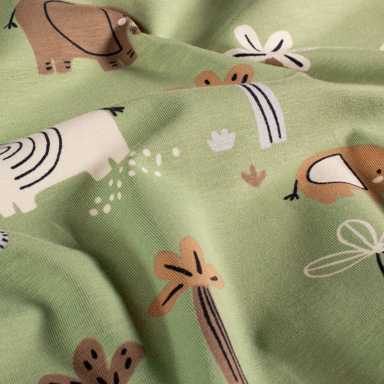 Cotton Jersey fabric printed Elephants Olive Green