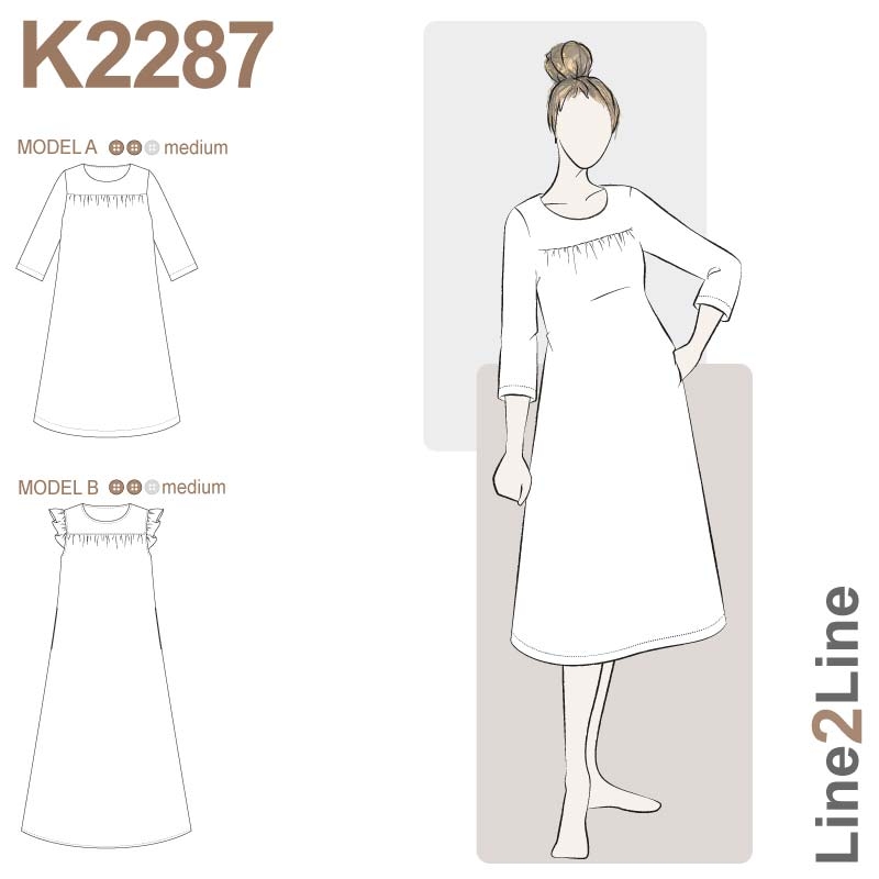 Line2Line K2287 Løs kjole med bærestykke og rynker