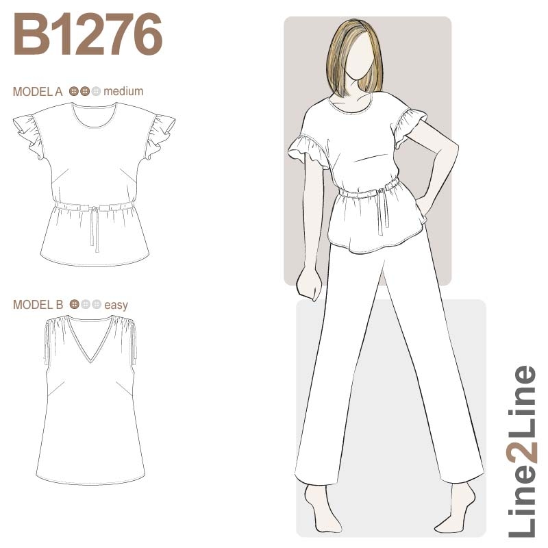 Line2Line B1276 Bluse med ærmeflæse og bindebånd