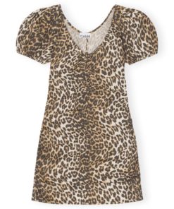Ganni, Printed Cotton Gathered U-neck Mini Dress