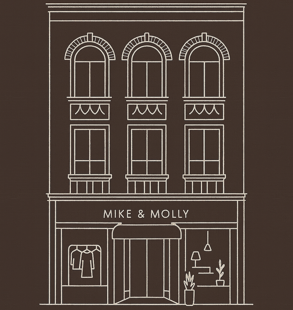 Illustrasjon av fasaden til Mike & Molly butikken i Sandefjord. Bildet er i mørk brunt med hvite linjer.